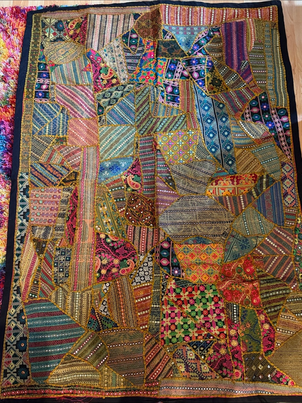 Vintage Indian Patchwork Wall Hanging Tapestry, 3x5, Rajasthani Embroide